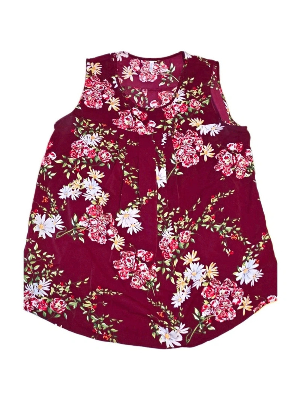 Netsmile Women's Burgundy Floral Sleeveless V-Neck Button Blouse Top XL